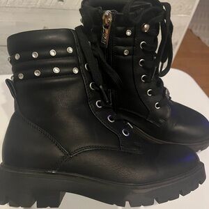 DKNY Girls Black Leather Combat Boots with Stud Accents